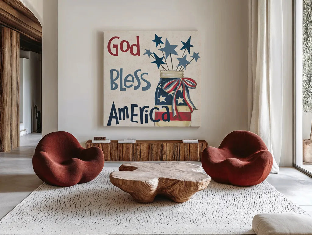 American Country II by Anne Tavoletti. Shown as extra-large giant wall art in a modern living room. Available as an archival giclee rolled canvas, fine art paper, or poster print. SKU 25144a.