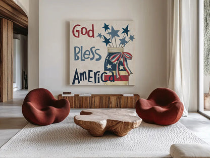 American Country II by Anne Tavoletti. Shown as extra-large giant wall art in a modern living room. Available as an archival giclee rolled canvas, fine art paper, or poster print. SKU 25144a.