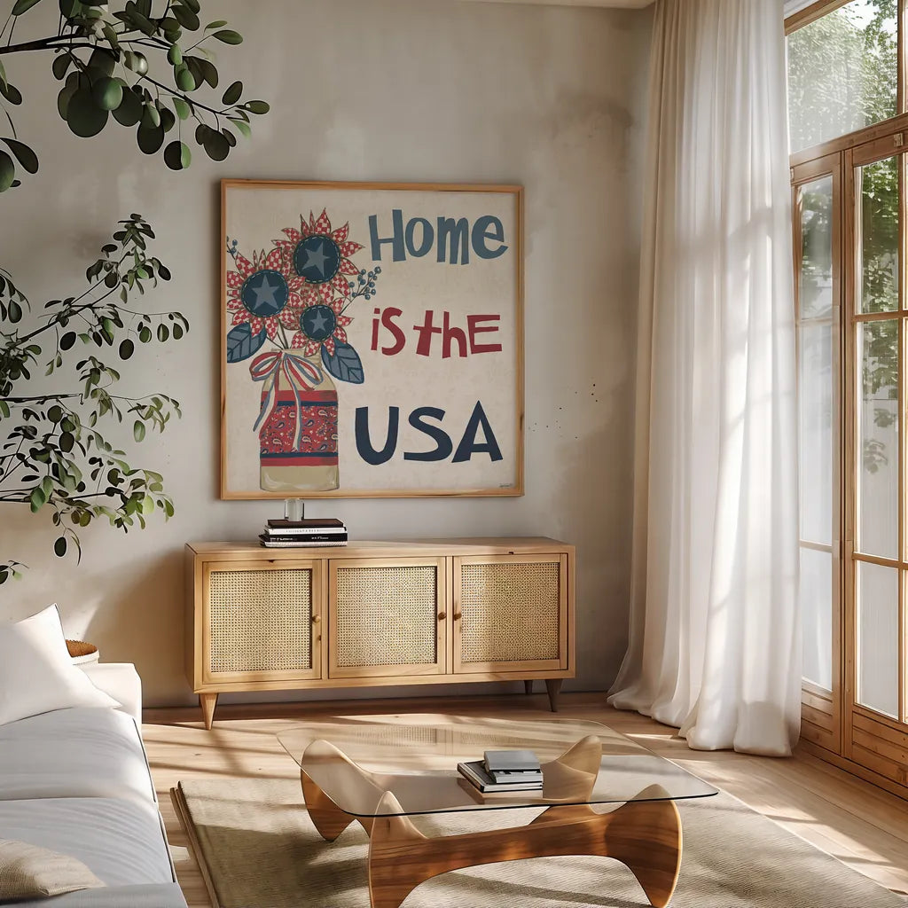 American Country III by Anne Tavoletti. Shown in a natural wood frame in a cozy modern living room. Available as an archival giclee rolled canvas, fine art paper, or poster print. SKU 25145a.