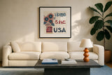 American Country III by Anne Tavoletti. Displayed in a glass frame with matte in a clean modern living room. Available as an archival giclee rolled canvas, fine art paper, or poster print. SKU 25145a.