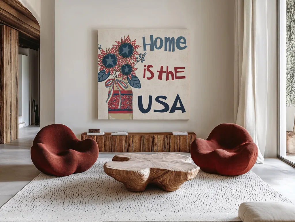 American Country III by Anne Tavoletti. Shown as extra-large giant wall art in a modern living room. Available as an archival giclee rolled canvas, fine art paper, or poster print. SKU 25145a.