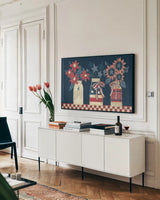 American Country Jars by Anne Tavoletti. shown as a framed stretched canvas in a living room above a console. Available as a archival giclee rolled canvas, fine art paper, or poster print. SKU 74883i.