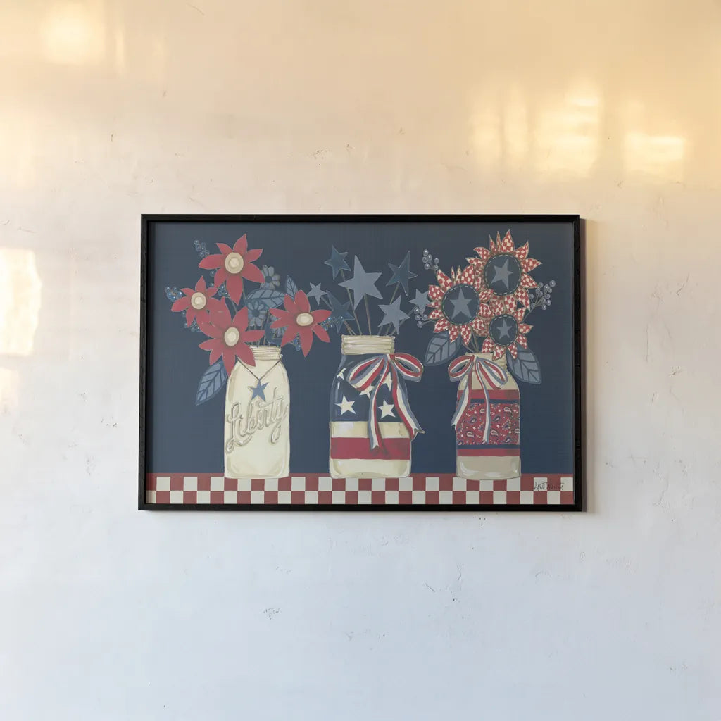 American Country Jars by Anne Tavoletti. shown as a paper print in a black flame. Available as a archival giclee rolled canvas, fine art paper, or poster print. SKU 74883i.