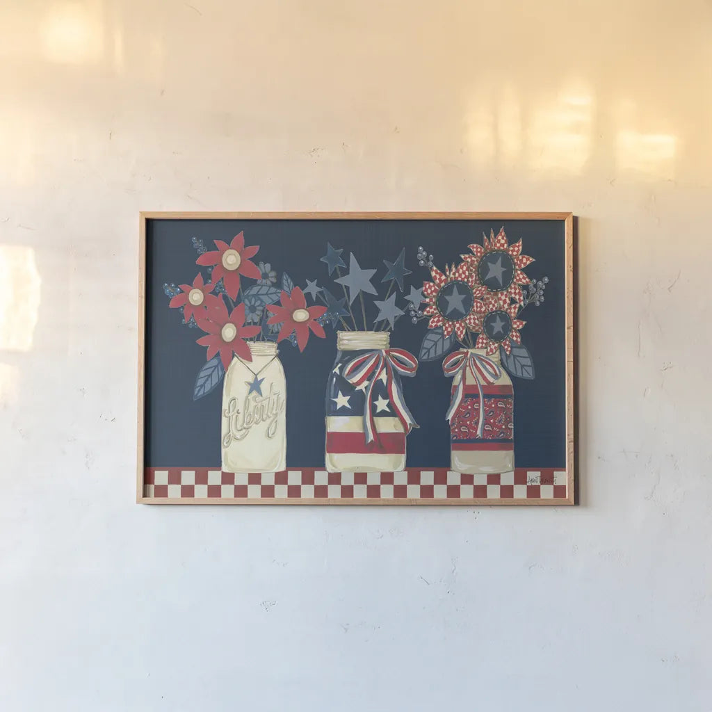 American Country Jars by Anne Tavoletti. shown as a paper print in a natural frame. Available as a archival giclee rolled canvas, fine art paper, or poster print. SKU 74883i.