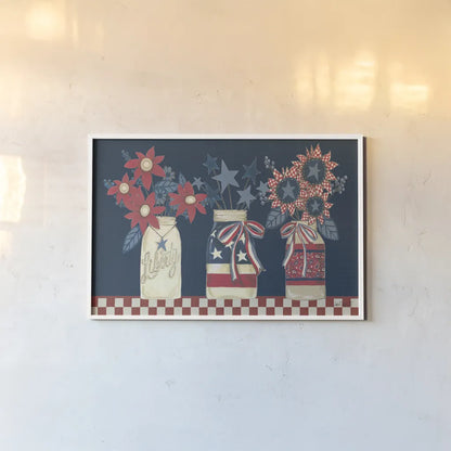 American Country Jars by Anne Tavoletti. shown as a paper print in a white frame. Available as a archival giclee rolled canvas, fine art paper, or poster print. SKU 74883i.