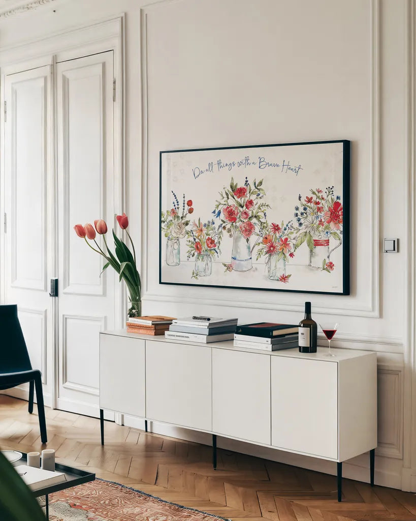 Americana Mood I by Anne Tavoletti. shown as a framed stretched canvas in a living room above a console. Available as a archival giclee rolled canvas, fine art paper, or poster print. SKU 56111i.