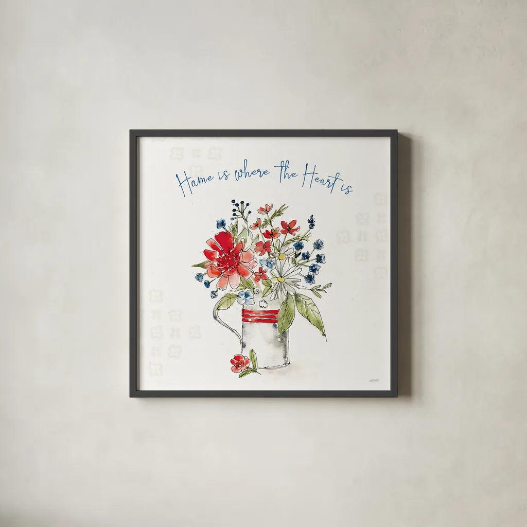 Americana Mood II by Anne Tavoletti. Shown in a sleek black glass frame for a contemporary gallery look. Available as an archival giclee rolled canvas, fine art paper, or poster print. SKU 56112a.