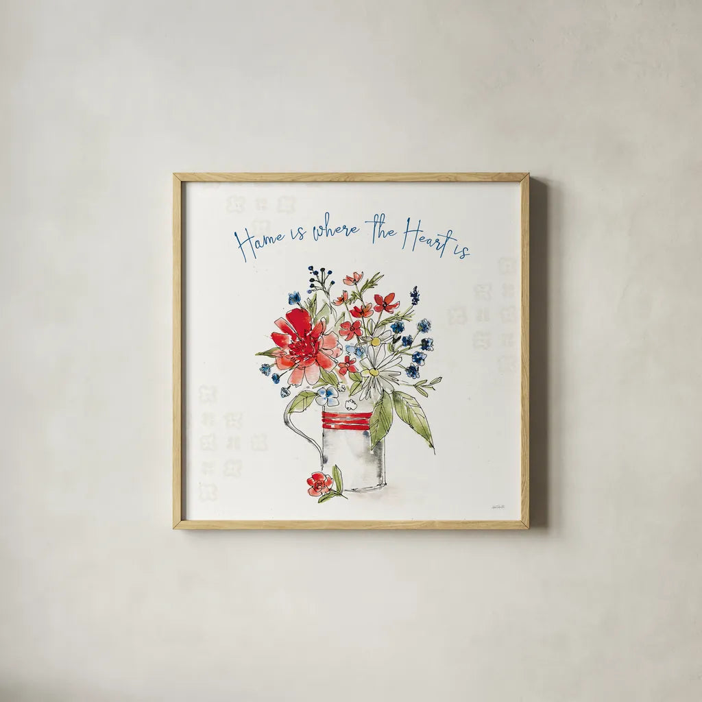 Americana Mood II by Anne Tavoletti. Shown in a natural wood glass frame for a timeless modern aesthetic. Available as an archival giclee rolled canvas, fine art paper, or poster print. SKU 56112a.