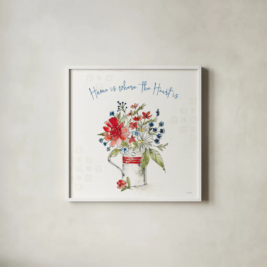 Americana Mood II by Anne Tavoletti. Shown in a crisp white glass frame for a clean and minimalist style. Available as an archival giclee rolled canvas, fine art paper, or poster print. SKU 56112a.