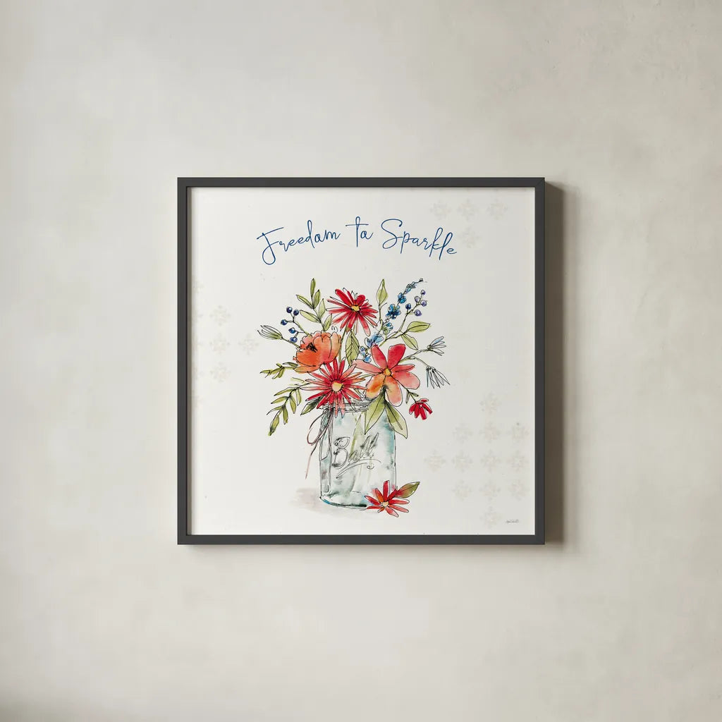 Americana Mood V by Anne Tavoletti. Shown in a sleek black glass frame for a contemporary gallery look. Available as an archival giclee rolled canvas, fine art paper, or poster print. SKU 56115a.