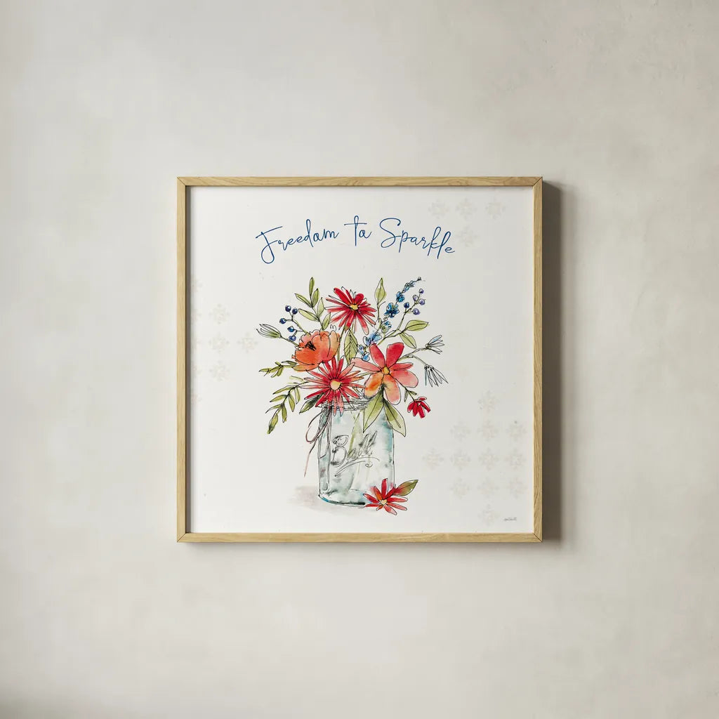 Americana Mood V by Anne Tavoletti. Shown in a natural wood glass frame for a timeless modern aesthetic. Available as an archival giclee rolled canvas, fine art paper, or poster print. SKU 56115a.