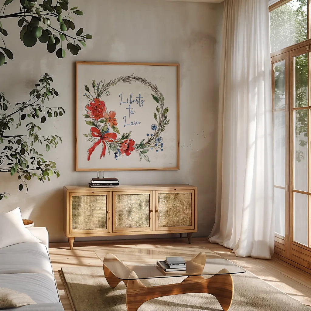 Americana Mood VI by Anne Tavoletti. Shown in a natural wood frame in a cozy modern living room. Available as an archival giclee rolled canvas, fine art paper, or poster print. SKU 56116a.