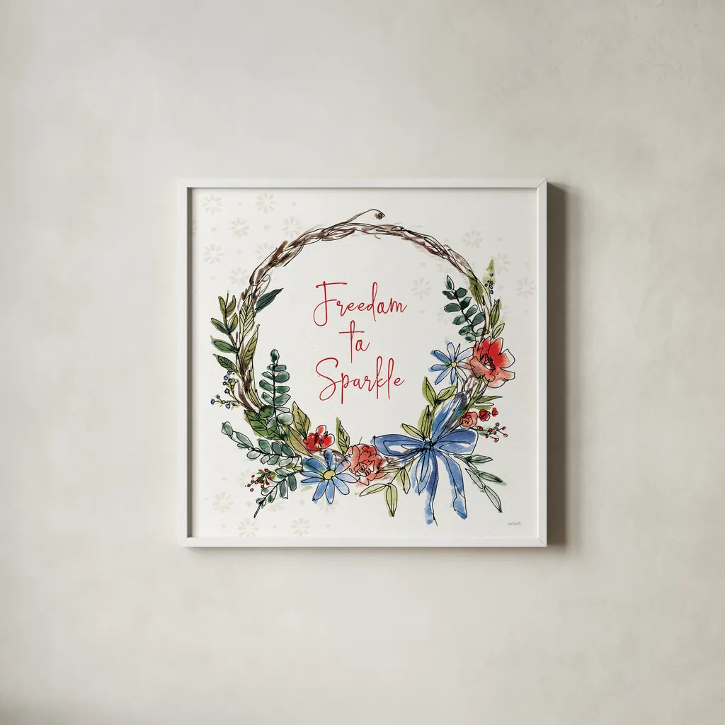 Americana Mood VII by Anne Tavoletti. Shown in a crisp white glass frame for a clean and minimalist style. Available as an archival giclee rolled canvas, fine art paper, or poster print. SKU 56117a.