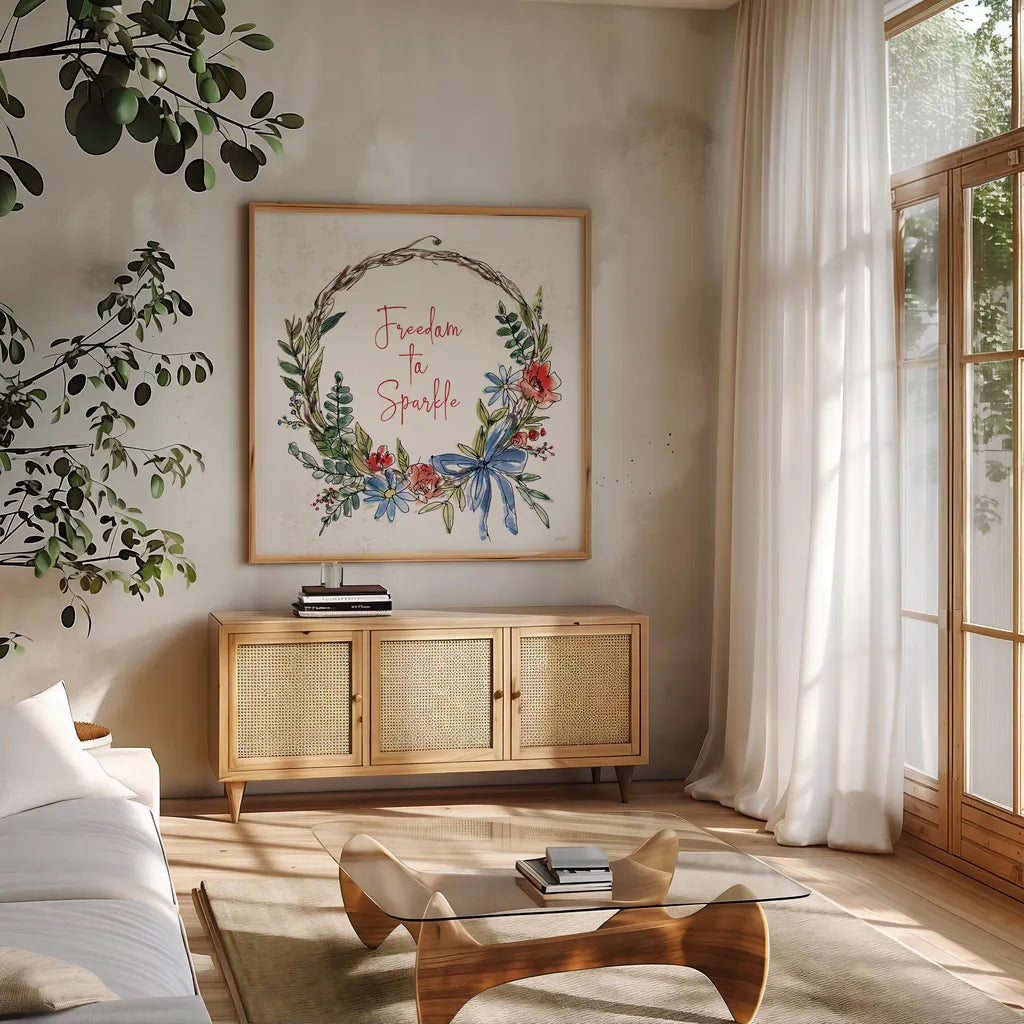 Americana Mood VII by Anne Tavoletti. Shown in a natural wood frame in a cozy modern living room. Available as an archival giclee rolled canvas, fine art paper, or poster print. SKU 56117a.