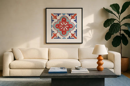 Americana Mood X by Anne Tavoletti. Displayed in a glass frame with matte in a clean modern living room. Available as an archival giclee rolled canvas, fine art paper, or poster print. SKU 56120a.