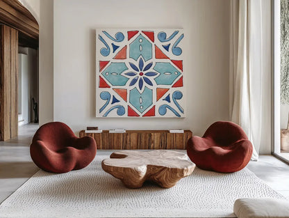 Americana Mood XI by Anne Tavoletti. Shown as extra-large giant wall art in a modern living room. Available as an archival giclee rolled canvas, fine art paper, or poster print. SKU 56121a.