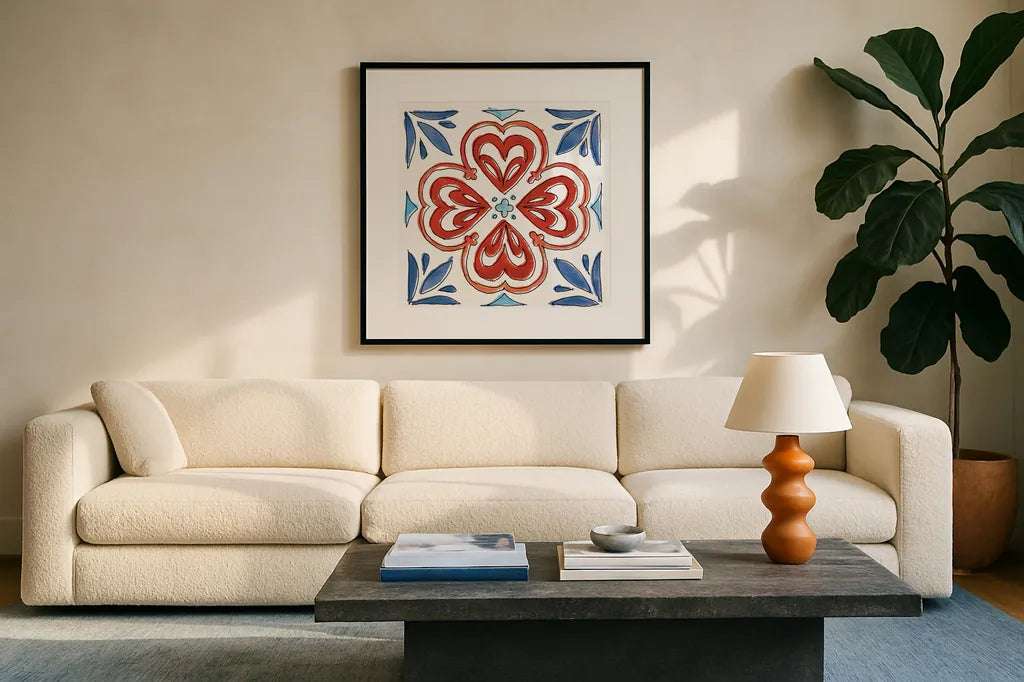 Americana Mood XIII by Anne Tavoletti. Displayed in a glass frame with matte in a clean modern living room. Available as an archival giclee rolled canvas, fine art paper, or poster print. SKU 56123a.
