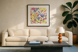 Annes Flowers I Crop by Anne Tavoletti. Displayed in a glass frame with matte in a clean modern living room. Available as an archival giclee rolled canvas, fine art paper, or poster print. SKU 13943a.