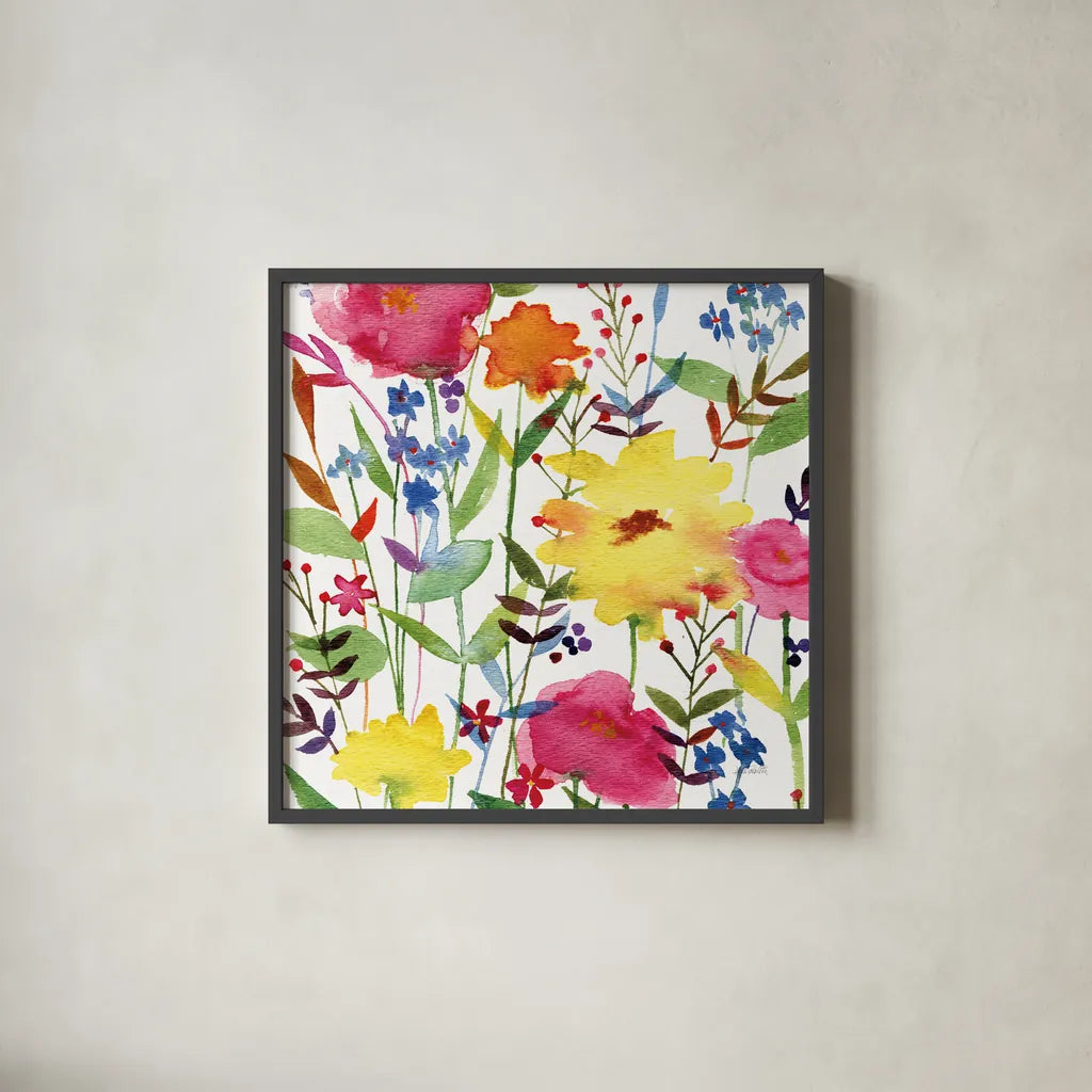 Annes Flowers III Crop by Anne Tavoletti. Shown in a sleek black glass frame for a contemporary gallery look. Available as an archival giclee rolled canvas, fine art paper, or poster print. SKU 27935a.