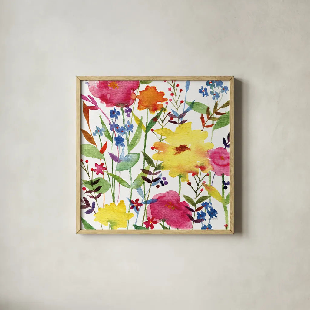 Annes Flowers III Crop by Anne Tavoletti. Shown in a natural wood glass frame for a timeless modern aesthetic. Available as an archival giclee rolled canvas, fine art paper, or poster print. SKU 27935a.