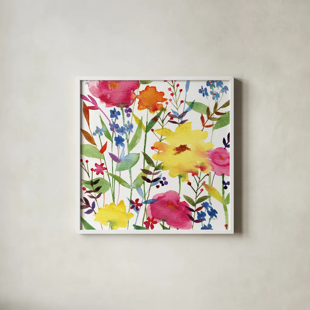 Annes Flowers III Crop by Anne Tavoletti. Shown in a crisp white glass frame for a clean and minimalist style. Available as an archival giclee rolled canvas, fine art paper, or poster print. SKU 27935a.
