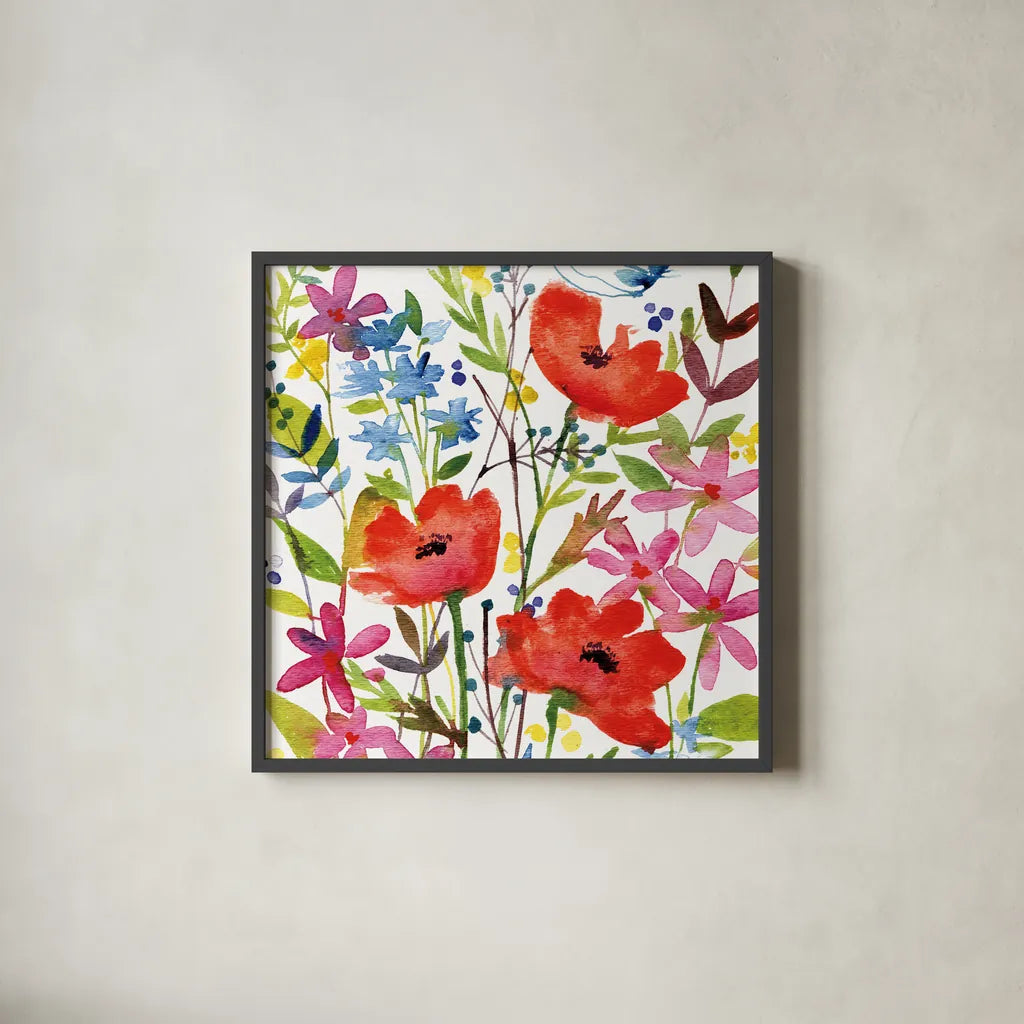 Annes Flowers IV Crop by Anne Tavoletti. Shown in a sleek black glass frame for a contemporary gallery look. Available as an archival giclee rolled canvas, fine art paper, or poster print. SKU 27936a.