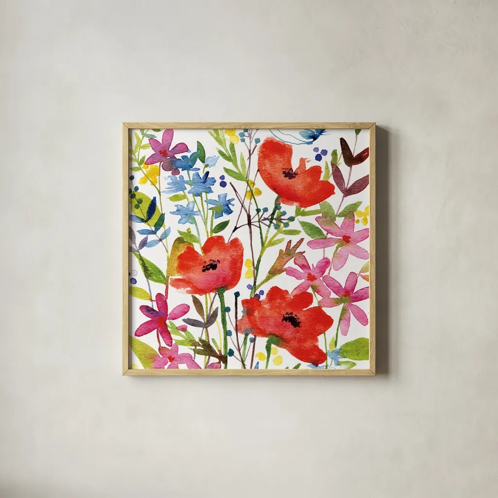 Annes Flowers IV Crop by Anne Tavoletti. Shown in a natural wood glass frame for a timeless modern aesthetic. Available as an archival giclee rolled canvas, fine art paper, or poster print. SKU 27936a.