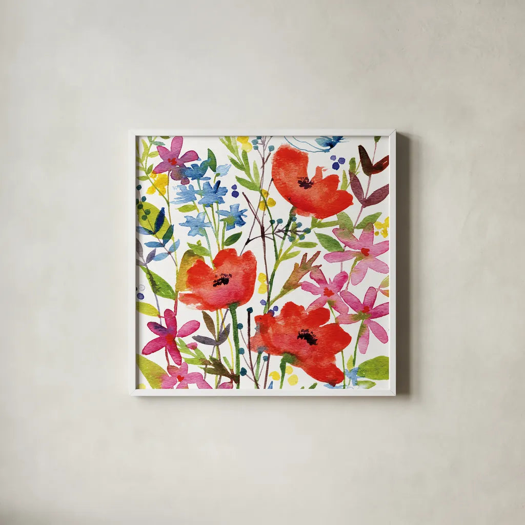 Annes Flowers IV Crop by Anne Tavoletti. Shown in a crisp white glass frame for a clean and minimalist style. Available as an archival giclee rolled canvas, fine art paper, or poster print. SKU 27936a.