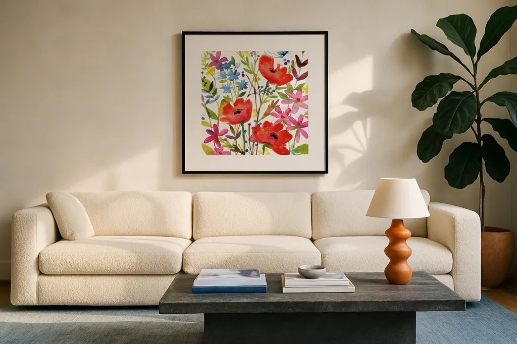 Annes Flowers IV Crop by Anne Tavoletti. Displayed in a glass frame with matte in a clean modern living room. Available as an archival giclee rolled canvas, fine art paper, or poster print. SKU 27936a.
