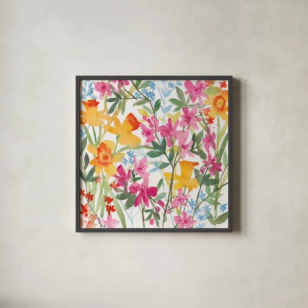 April Flowers by Anne Tavoletti. Shown in a sleek black glass frame for a contemporary gallery look. Available as an archival giclee rolled canvas, fine art paper, or poster print. SKU 16881a.