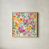 April Flowers by Anne Tavoletti. Shown in a natural wood glass frame for a timeless modern aesthetic. Available as an archival giclee rolled canvas, fine art paper, or poster print. SKU 16881a.