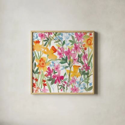 April Flowers by Anne Tavoletti. Shown in a natural wood glass frame for a timeless modern aesthetic. Available as an archival giclee rolled canvas, fine art paper, or poster print. SKU 16881a.