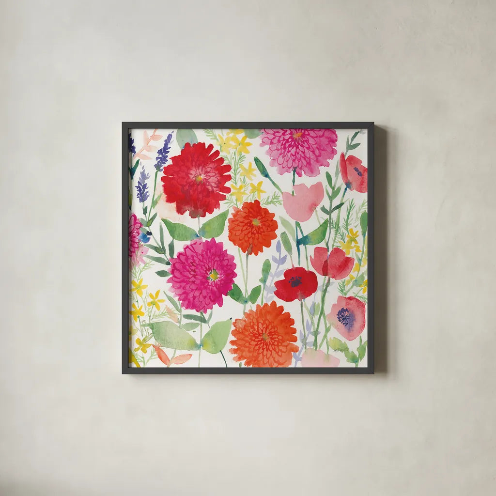August Flowers by Anne Tavoletti. Shown in a sleek black glass frame for a contemporary gallery look. Available as an archival giclee rolled canvas, fine art paper, or poster print. SKU 16882a.