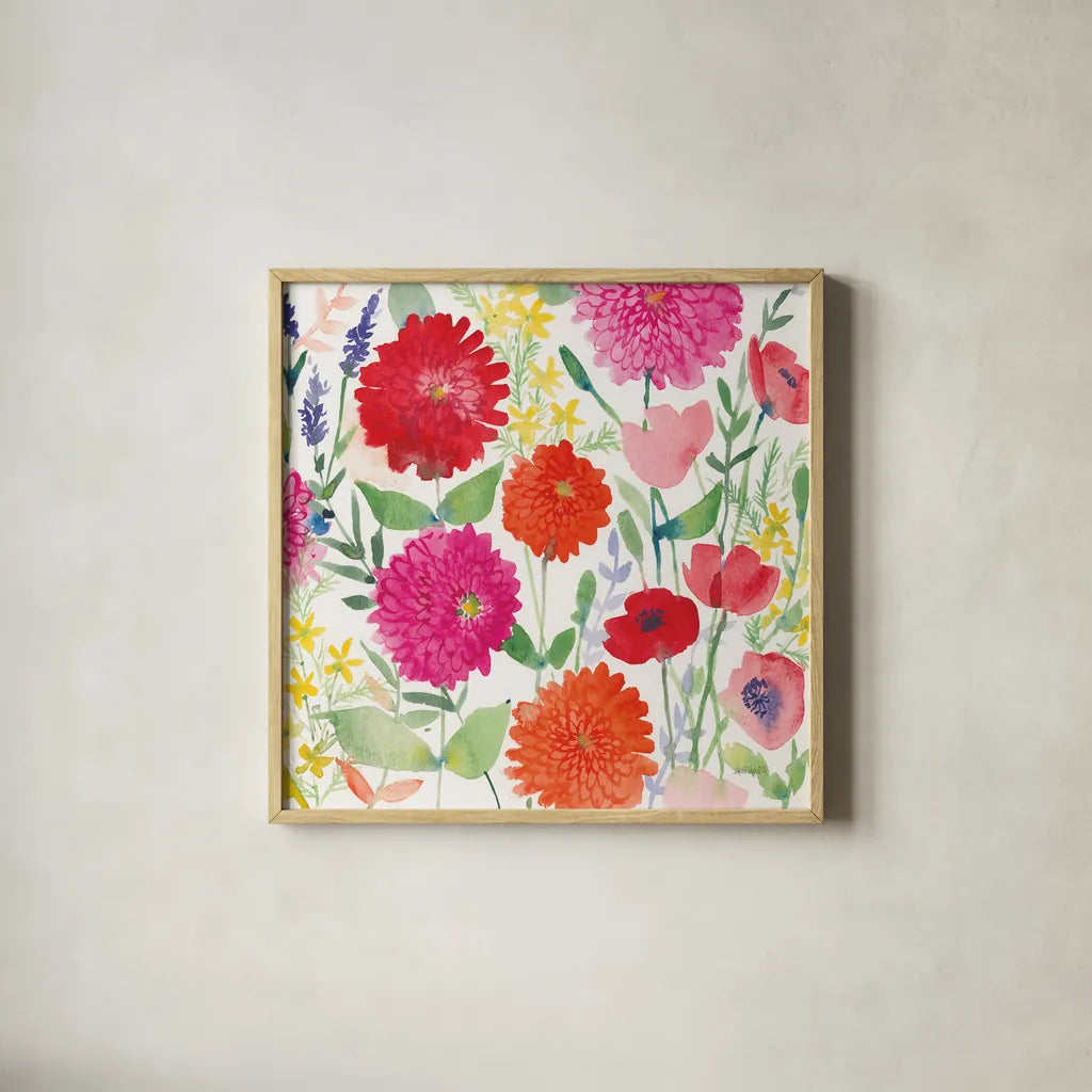 August Flowers by Anne Tavoletti. Shown in a natural wood glass frame for a timeless modern aesthetic. Available as an archival giclee rolled canvas, fine art paper, or poster print. SKU 16882a.