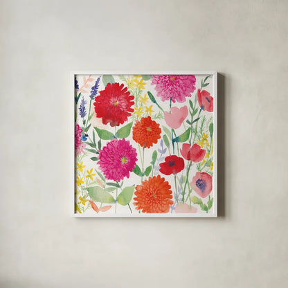 August Flowers by Anne Tavoletti. Shown in a crisp white glass frame for a clean and minimalist style. Available as an archival giclee rolled canvas, fine art paper, or poster print. SKU 16882a.