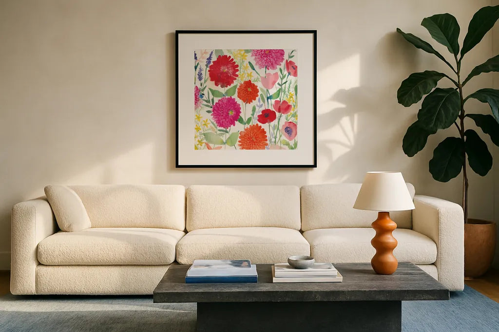 August Flowers by Anne Tavoletti. Displayed in a glass frame with matte in a clean modern living room. Available as an archival giclee rolled canvas, fine art paper, or poster print. SKU 16882a.