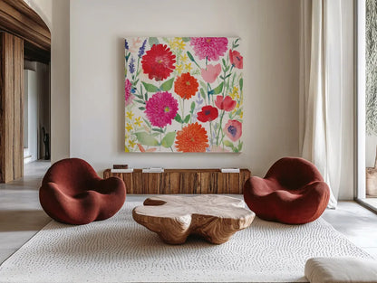 August Flowers by Anne Tavoletti. Shown as extra-large giant wall art in a modern living room. Available as an archival giclee rolled canvas, fine art paper, or poster print. SKU 16882a.