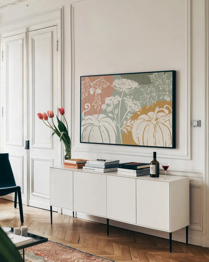Autumn Tones I by Anne Tavoletti. shown as a framed stretched canvas in a living room above a console. Available as a archival giclee rolled canvas, fine art paper, or poster print. SKU 78944i.