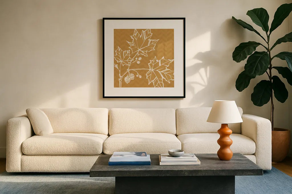 Autumn Tones IV by Anne Tavoletti. Displayed in a glass frame with matte in a clean modern living room. Available as an archival giclee rolled canvas, fine art paper, or poster print. SKU 78947a.