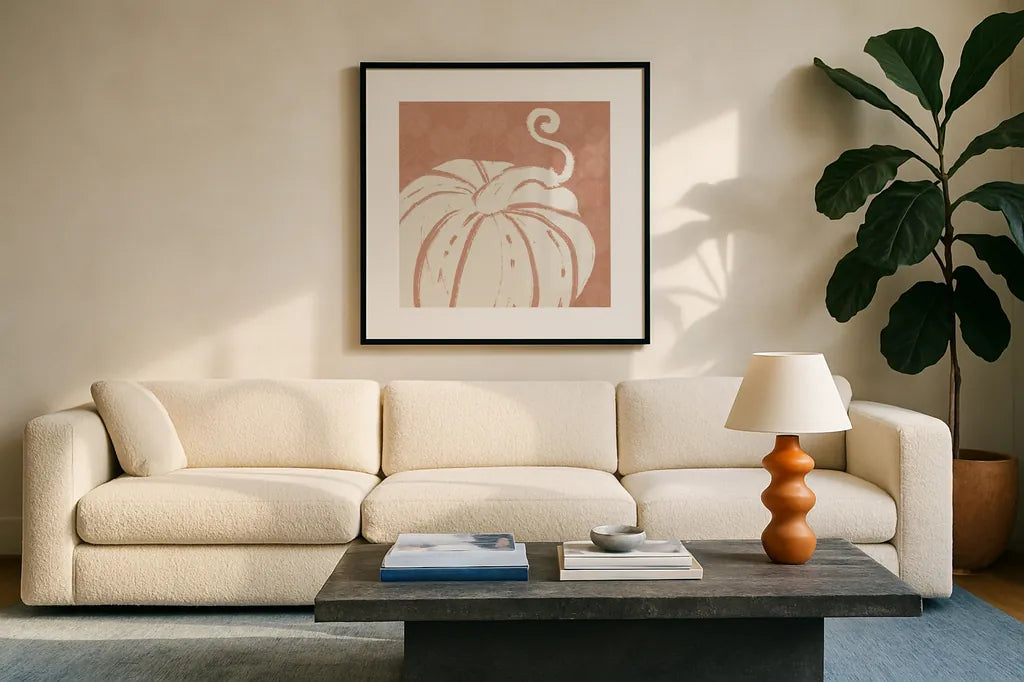 Autumn Tones VI by Anne Tavoletti. Displayed in a glass frame with matte in a clean modern living room. Available as an archival giclee rolled canvas, fine art paper, or poster print. SKU 78949a.