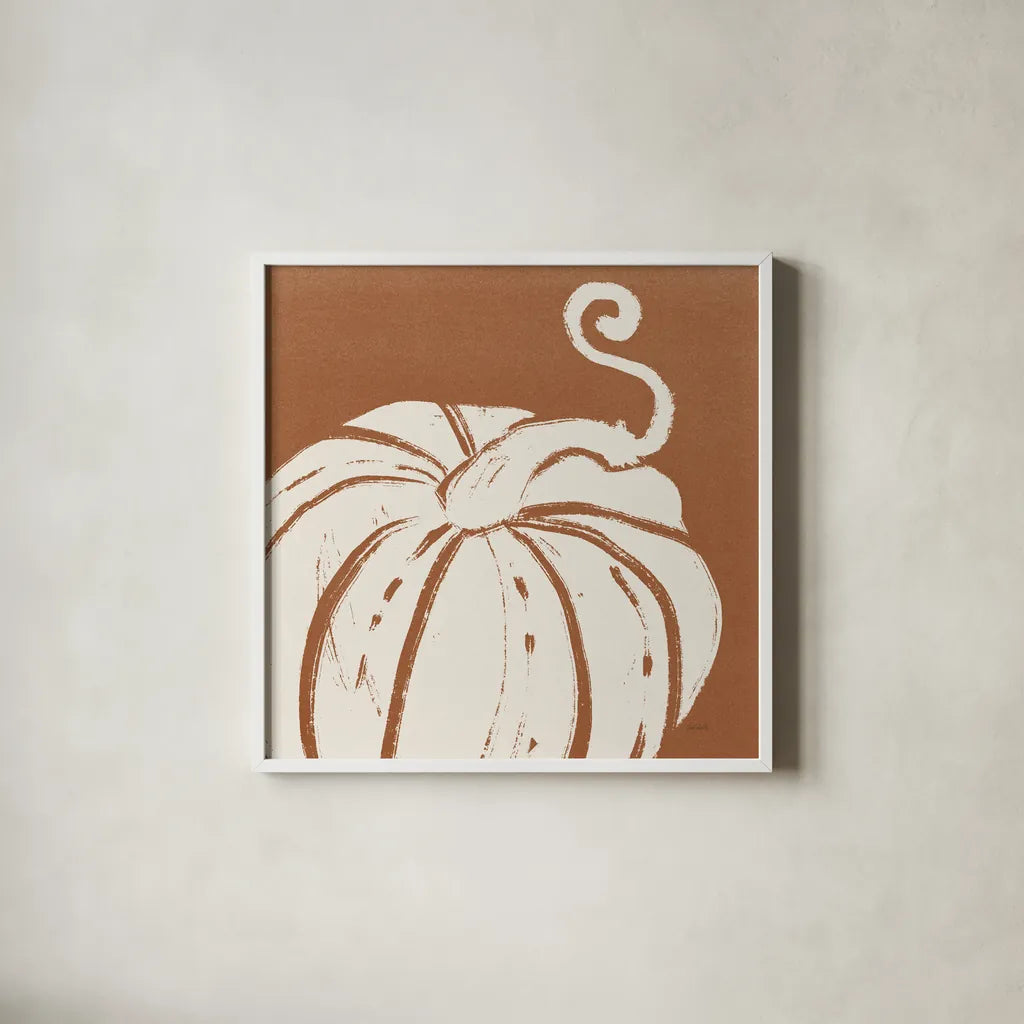 Autumn Tones VI Dark Orange by Anne Tavoletti. Shown in a crisp white glass frame for a clean and minimalist style. Available as an archival giclee rolled canvas, fine art paper, or poster print. SKU 80629a.