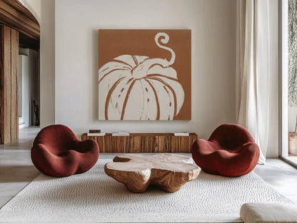 Autumn Tones VI Dark Orange by Anne Tavoletti. Shown as extra-large giant wall art in a modern living room. Available as an archival giclee rolled canvas, fine art paper, or poster print. SKU 80629a.