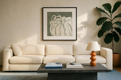 Autumn Tones VII by Anne Tavoletti. Displayed in a glass frame with matte in a clean modern living room. Available as an archival giclee rolled canvas, fine art paper, or poster print. SKU 78950a.