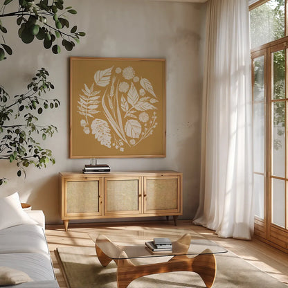 Autumn Tones XI by Anne Tavoletti. Shown in a natural wood frame in a cozy modern living room. Available as an archival giclee rolled canvas, fine art paper, or poster print. SKU 78954a.