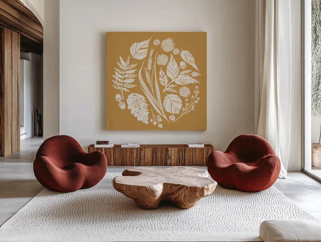 Autumn Tones XI by Anne Tavoletti. Shown as extra-large giant wall art in a modern living room. Available as an archival giclee rolled canvas, fine art paper, or poster print. SKU 78954a.