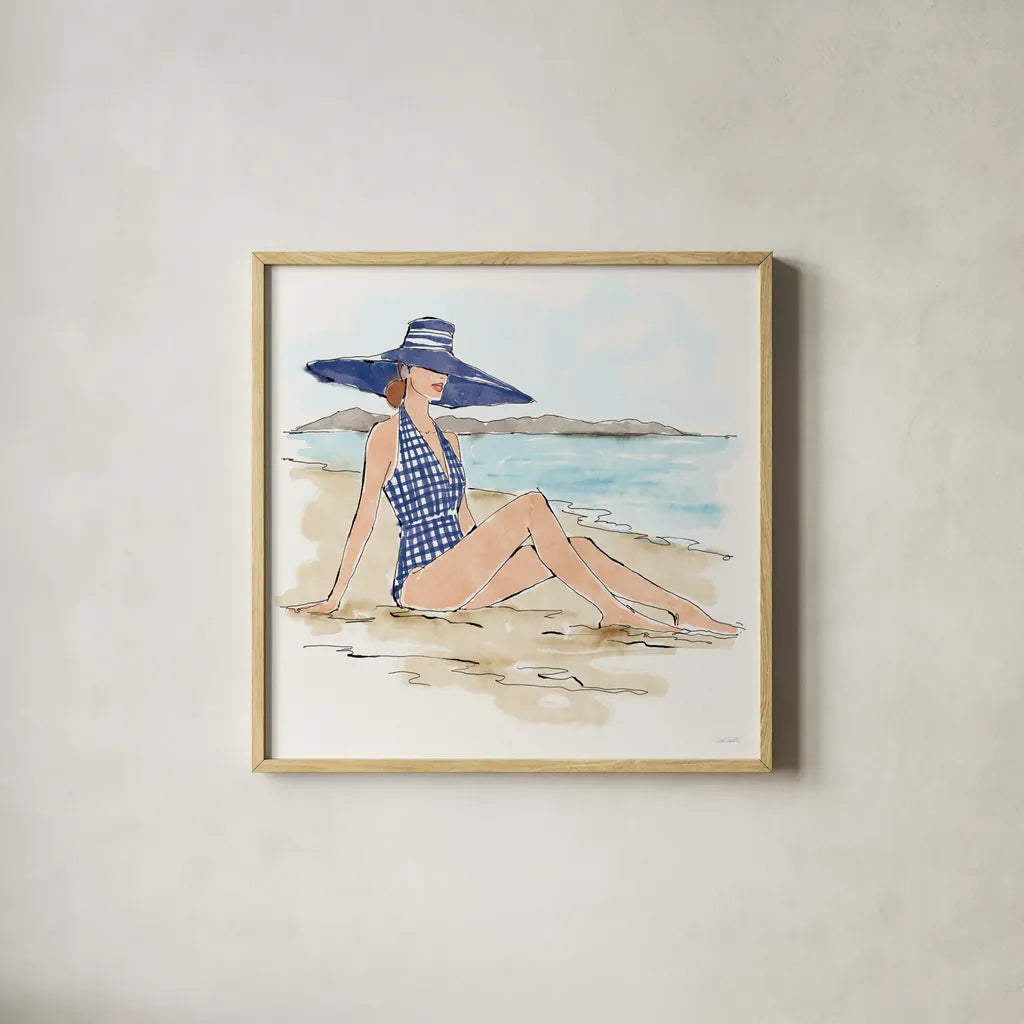 Bathing Beauties I by Anne Tavoletti. Shown in a natural wood glass frame for a timeless modern aesthetic. Available as an archival giclee rolled canvas, fine art paper, or poster print. SKU 91823a.
