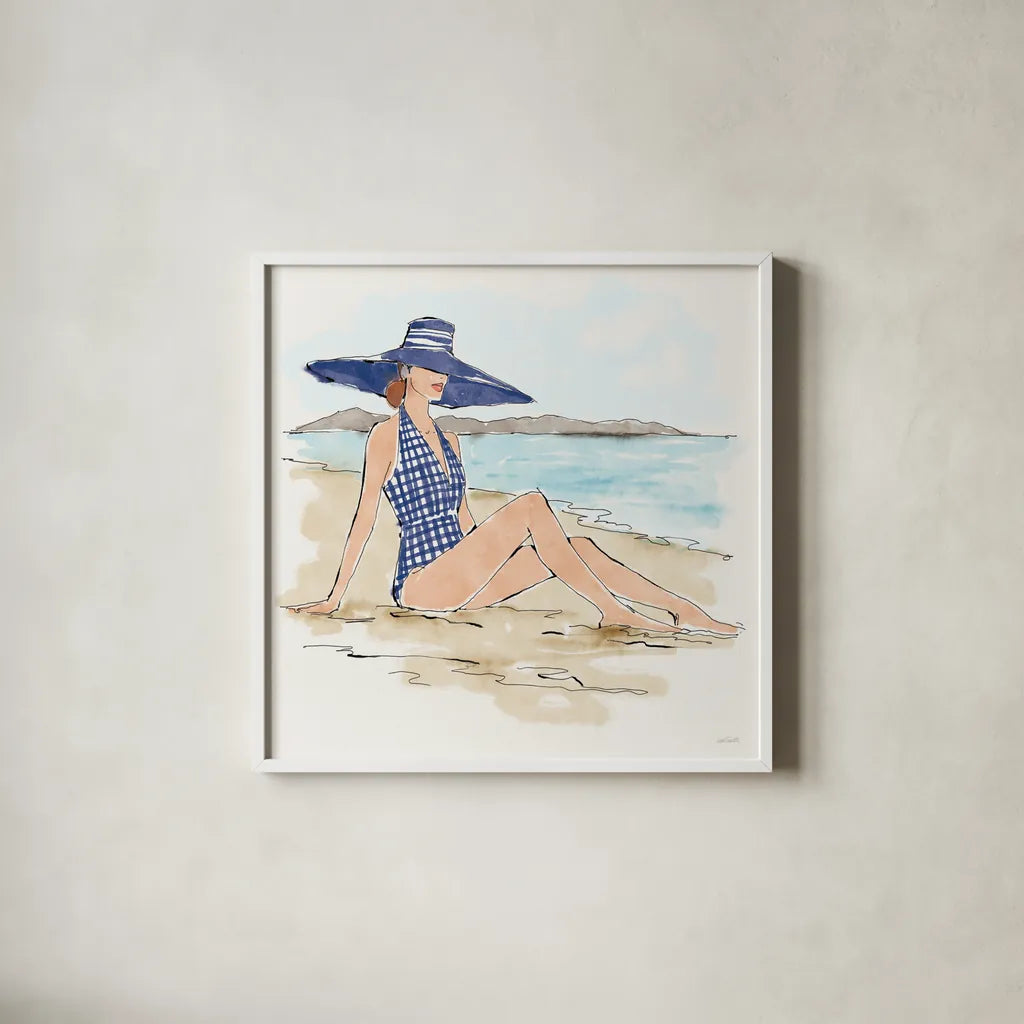 Bathing Beauties I by Anne Tavoletti. Shown in a crisp white glass frame for a clean and minimalist style. Available as an archival giclee rolled canvas, fine art paper, or poster print. SKU 91823a.