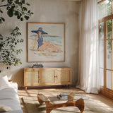 Bathing Beauties I by Anne Tavoletti. Shown in a natural wood frame in a cozy modern living room. Available as an archival giclee rolled canvas, fine art paper, or poster print. SKU 91823a.