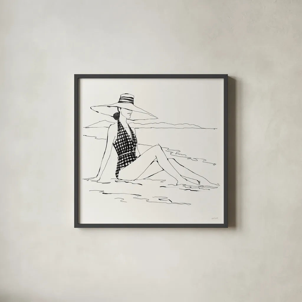 Bathing Beauties I Neutral by Anne Tavoletti. Shown in a sleek black glass frame for a contemporary gallery look. Available as an archival giclee rolled canvas, fine art paper, or poster print. SKU 91825a.