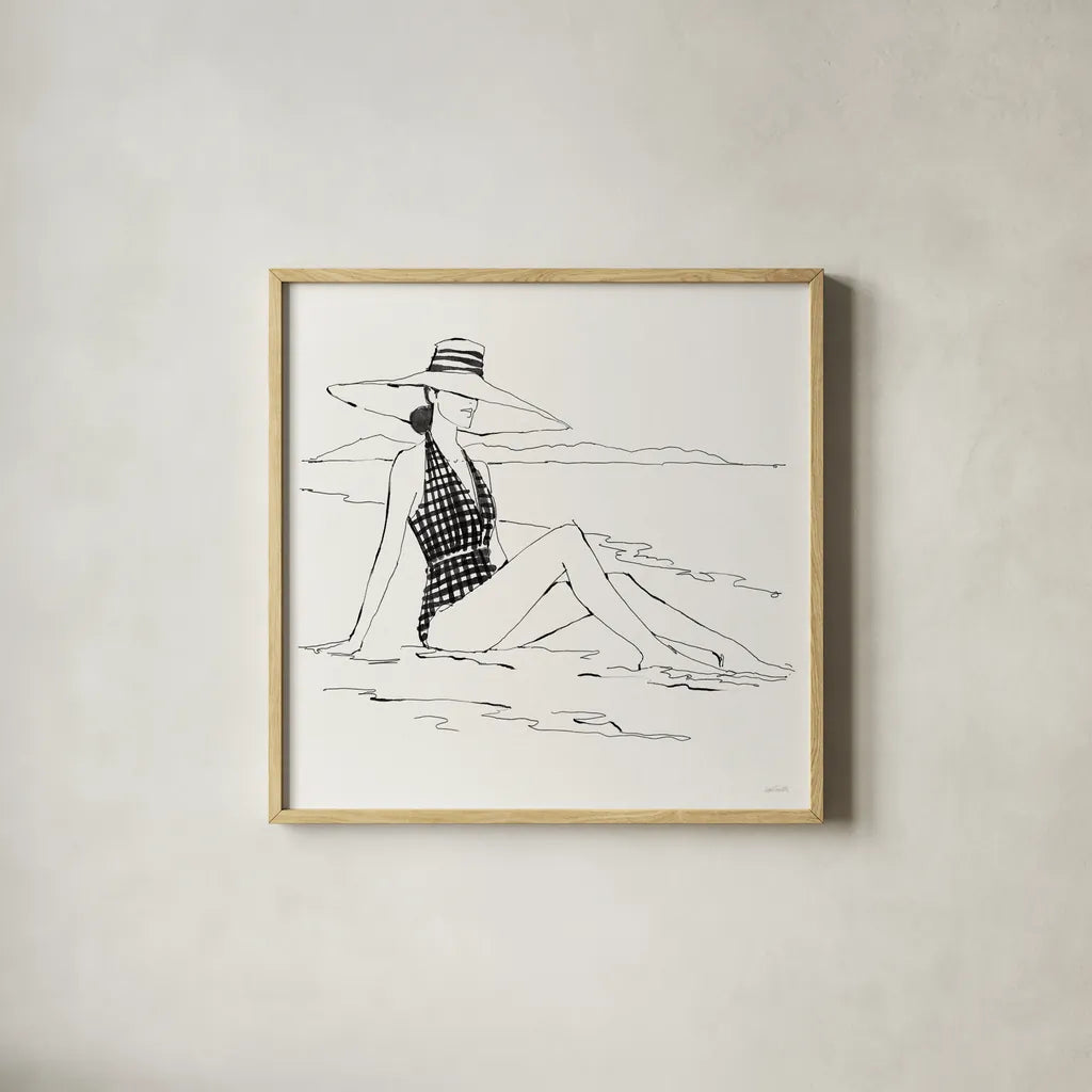 Bathing Beauties I Neutral by Anne Tavoletti. Shown in a natural wood glass frame for a timeless modern aesthetic. Available as an archival giclee rolled canvas, fine art paper, or poster print. SKU 91825a.